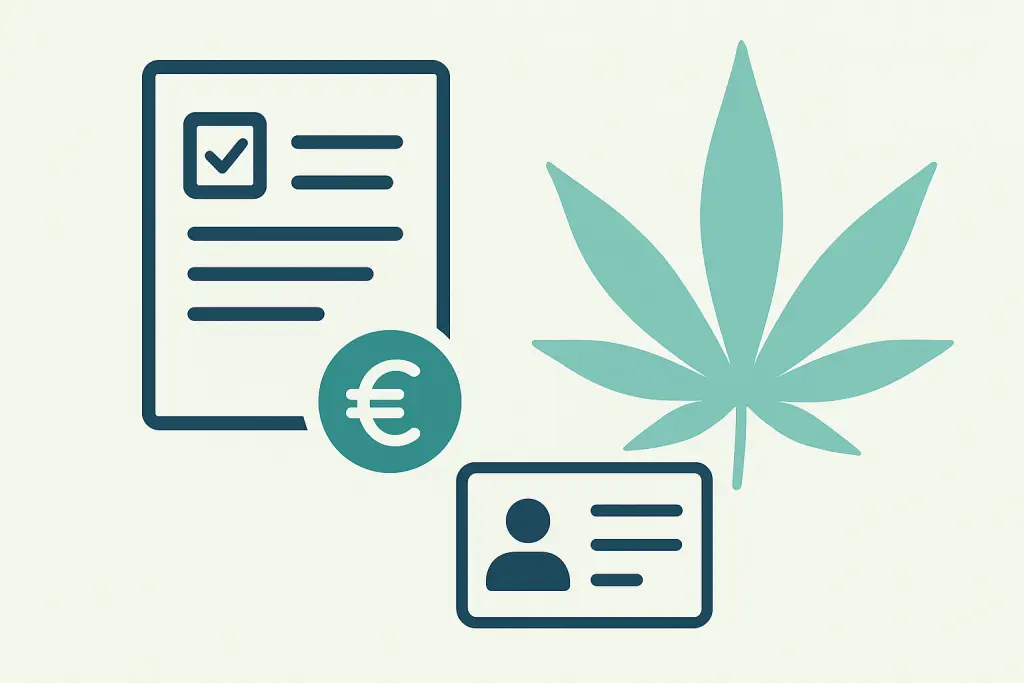 Illustration zu Kostenübernahme von medizinischem Cannabis mit Dokument, Euro-Symbol und abstraktem Cannabisblatt