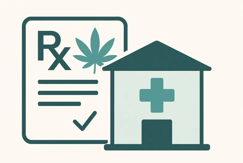 Abstrakte Illustration einer ärztlichen Verordnung und Apothekenabgabe von medizinischem Cannabis