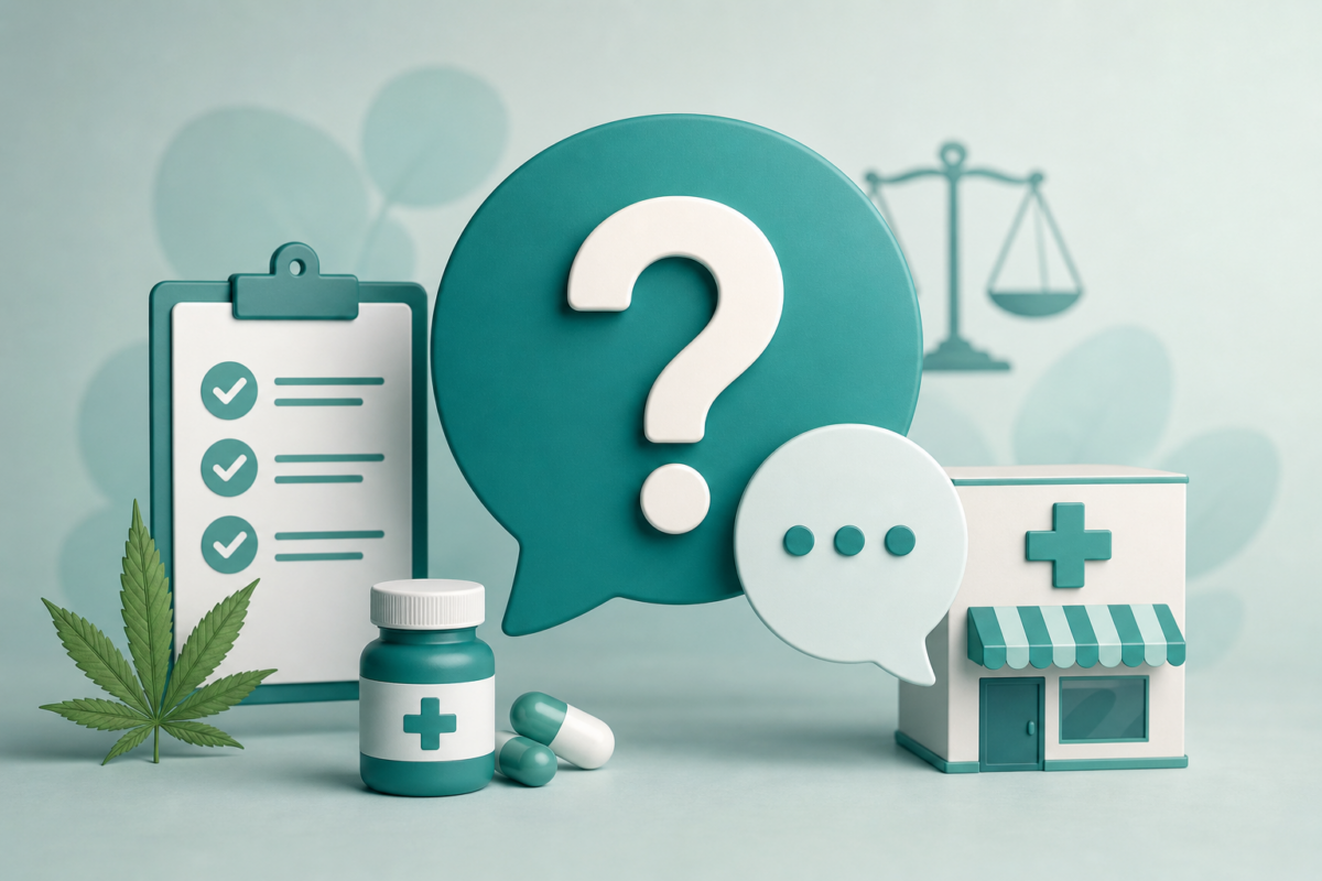 Abstrakte Illustration zu häufigen Fragen rund um medizinisches Cannabis mit Symbolen für Apotheke, Verordnung und Information